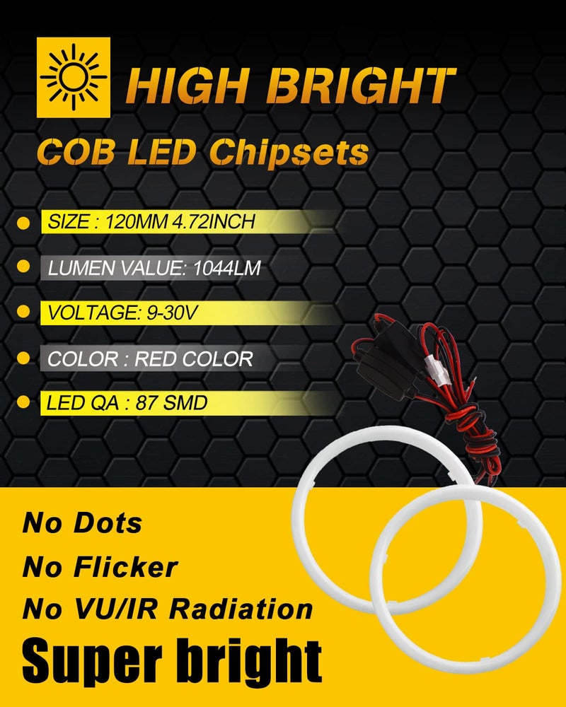 Qasim Red 120MM Angel Eyes COB 87SMD LED Halo Rings Car Motors DRL Fog Lights Driving Daytime Running Light 12V 24V,1-Pair - Image 2